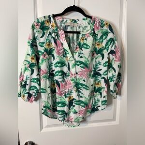 LOFT Botanical Print Henley Pullover Button Up Tropical Floral Blouse Size Small